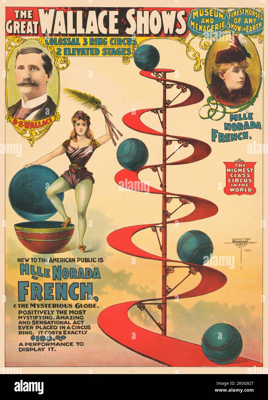 Vintage poster advertising The Great Wallace Shows circus, showing the act of M'lle Norada French, circa 1898. Stock Photo