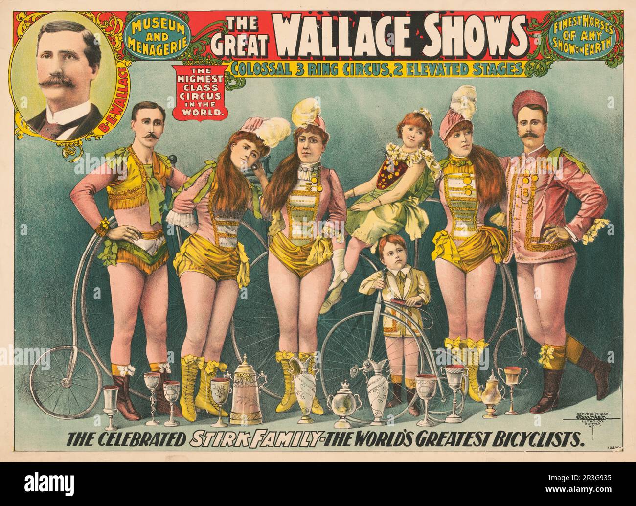 A poster advertising The Great Wallace Shows circus, showing a family in circus dress with bicycles, circa 1898. Stock Photo