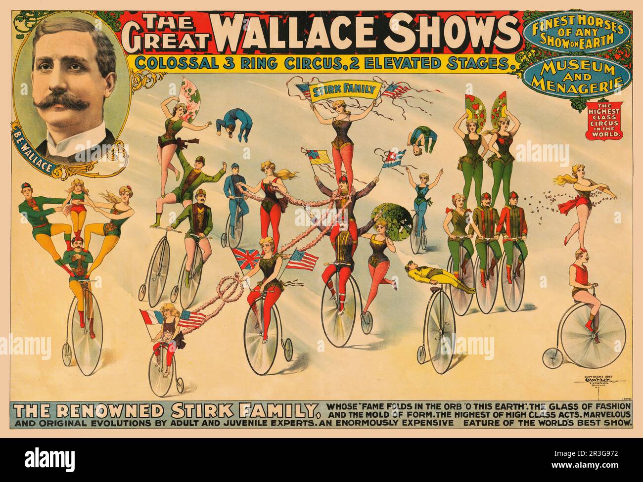 Vintage poster advertising The Great Wallace Shows circus, showing the Stirk Family performing acrobatics on bicycles, circa 1898. Stock Photo