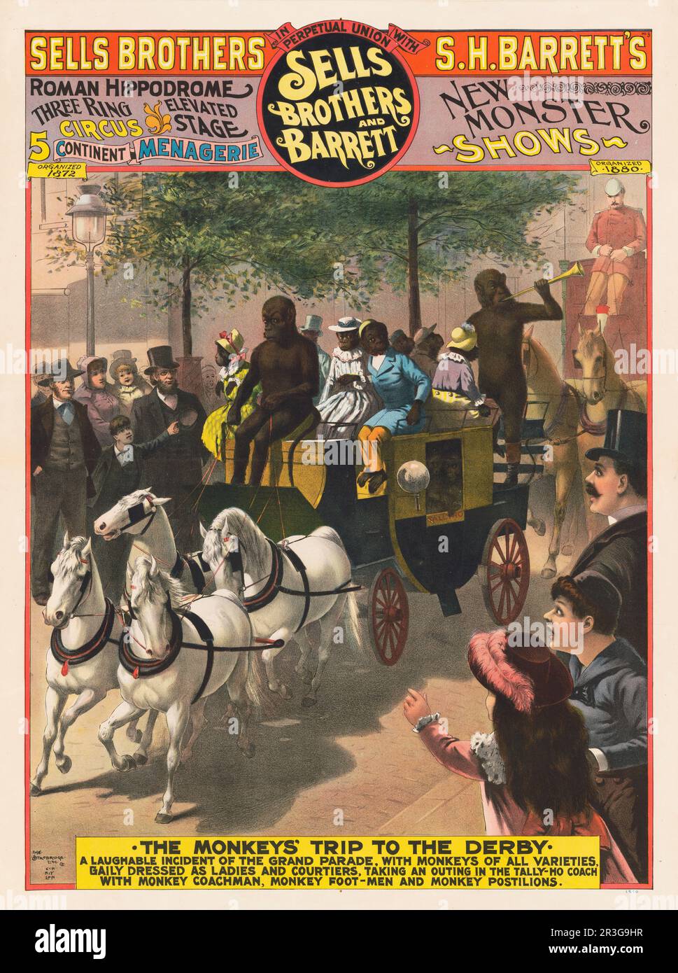 Vintage Sells Brothers and Barrett circus poster showing a monkey driven coach, circa 1890. Stock Photo