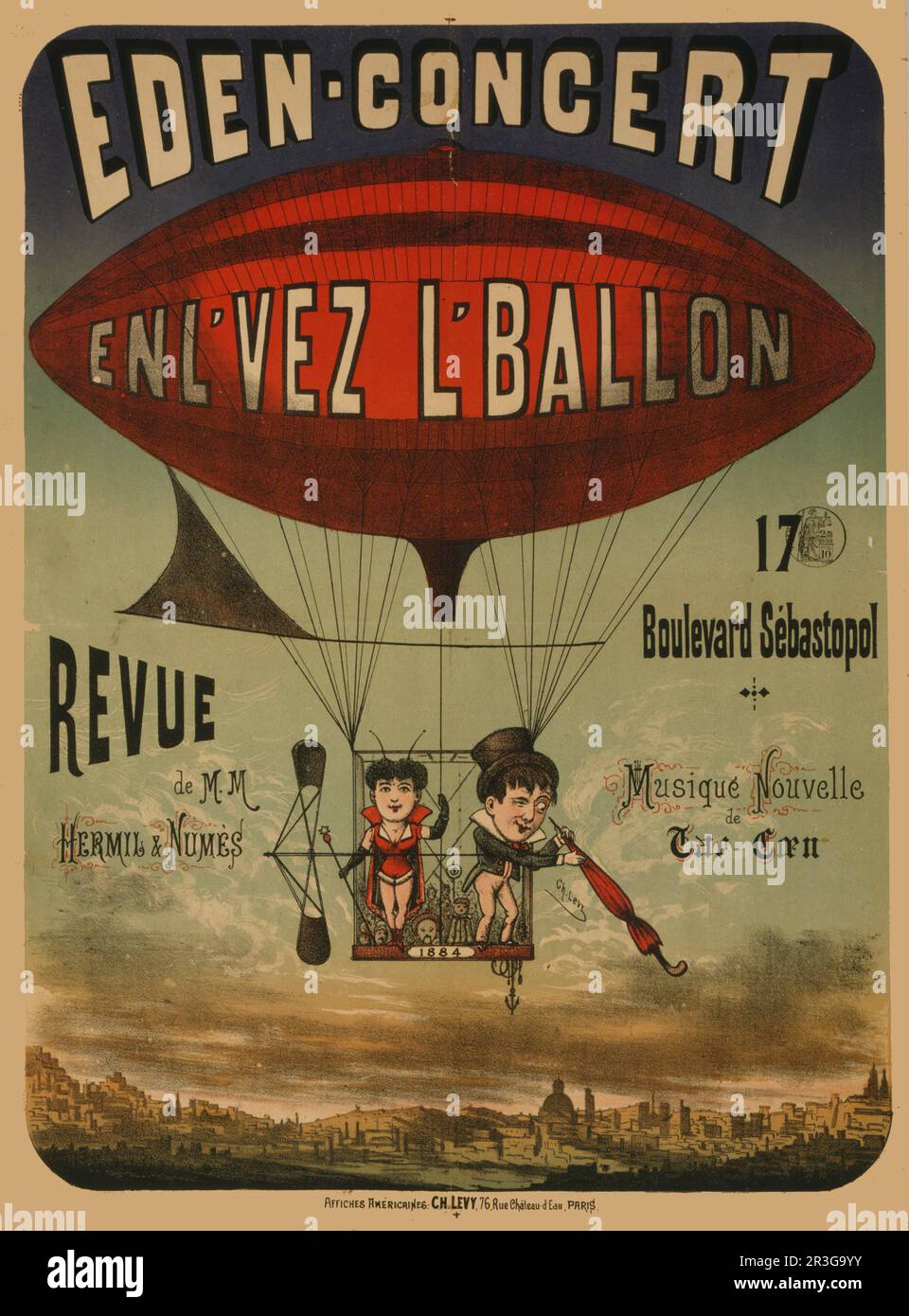 French circus poster shows two performers in the basket of an airship, circa 1884. Stock Photo