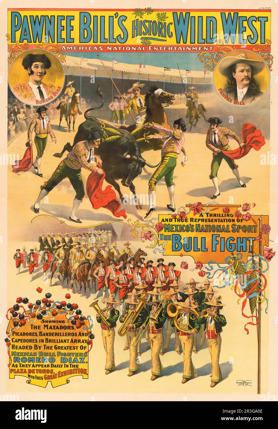 Vintage circus poster showing a bullfight on top half and parade on the lower half, circa 1898. Stock Photo