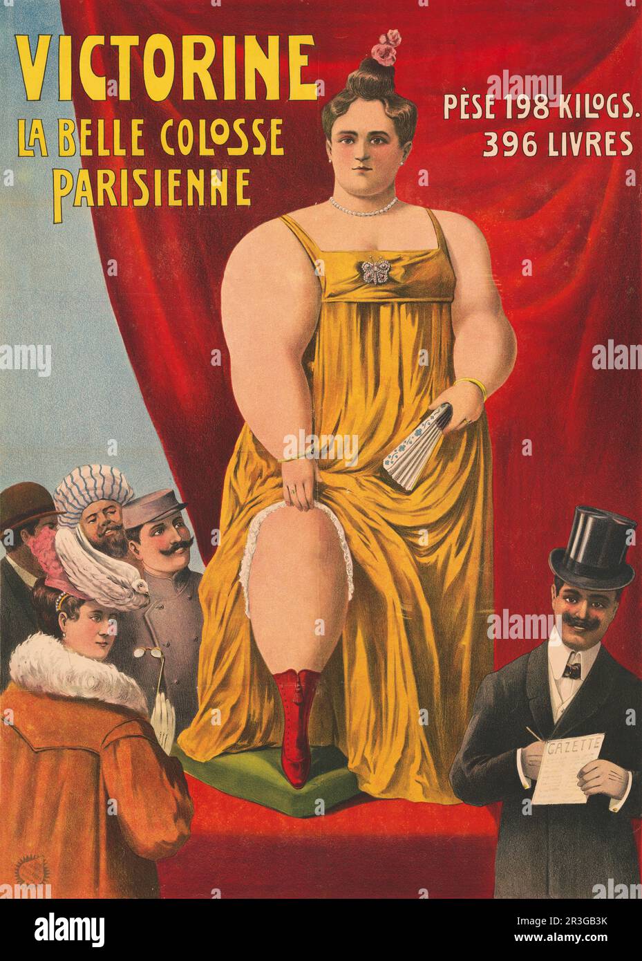 Vintage French poster showing Victorine, the beautiful Parisian large woman, exposing her knee. Stock Photo