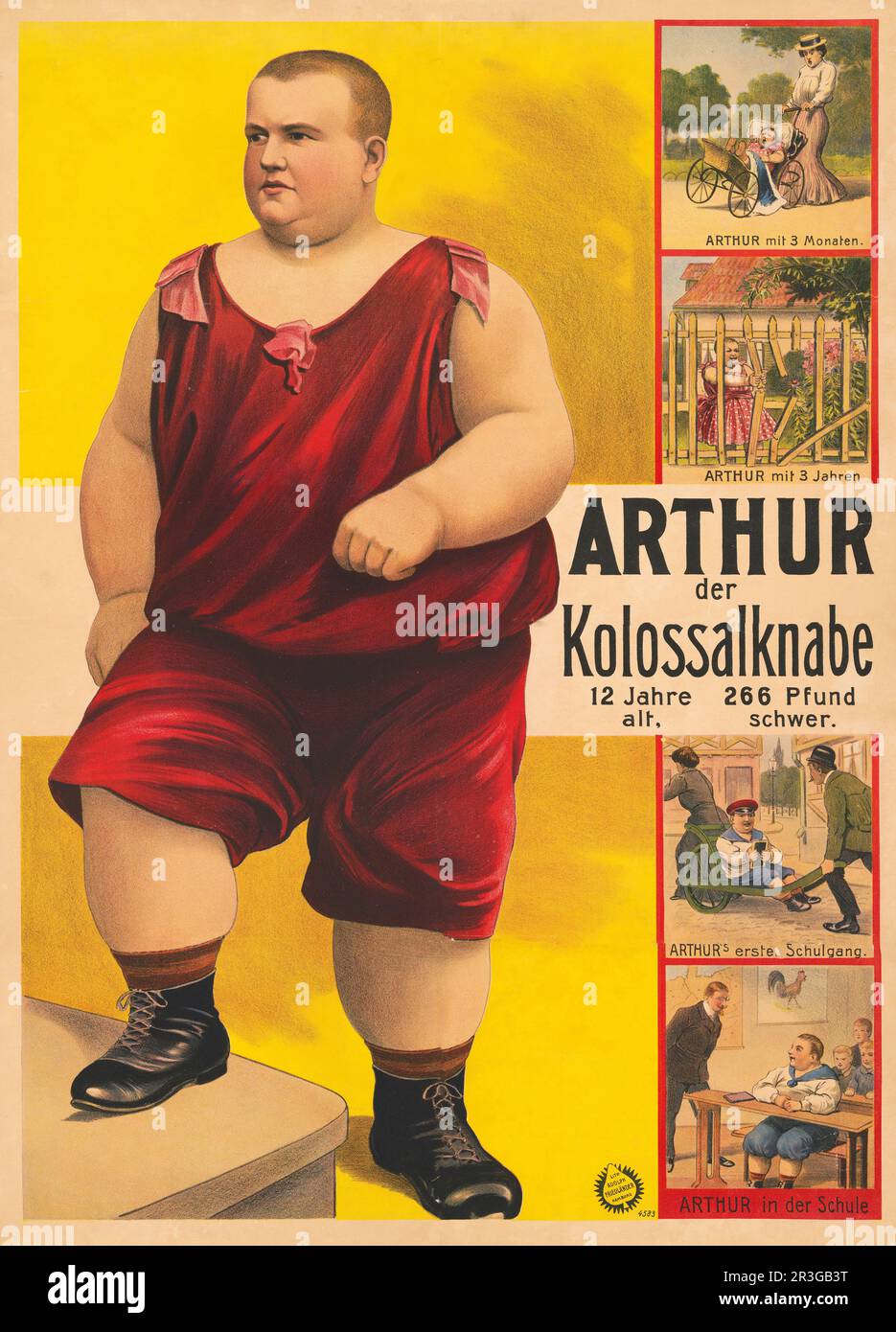 Vintage circus poster showing Arthur the colossal kid, with vignettes of childhood, circa 1908. Stock Photo