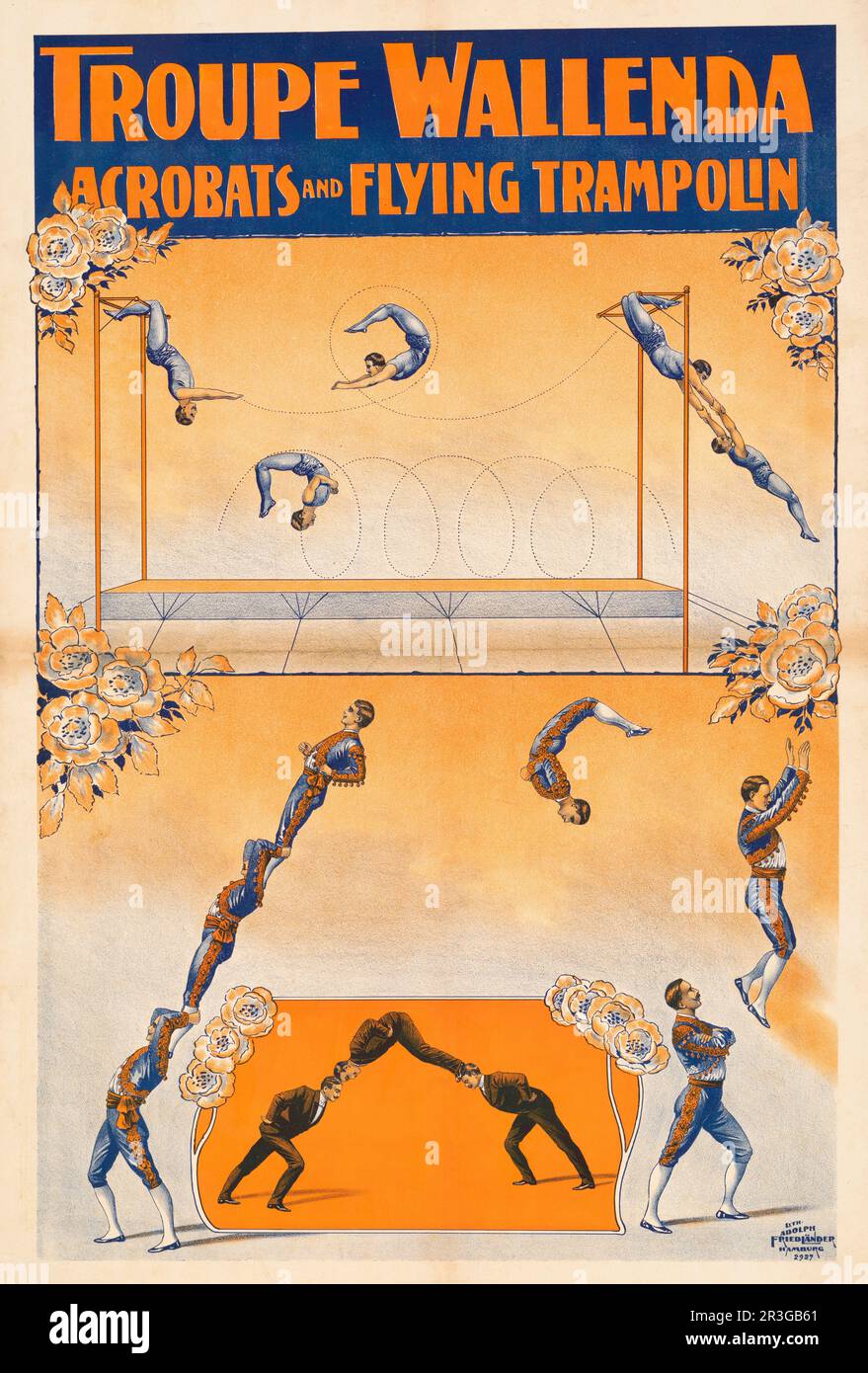 Vintage circus poster showing trapeze, acrobats and flying trampolin, circa 1905. Stock Photo