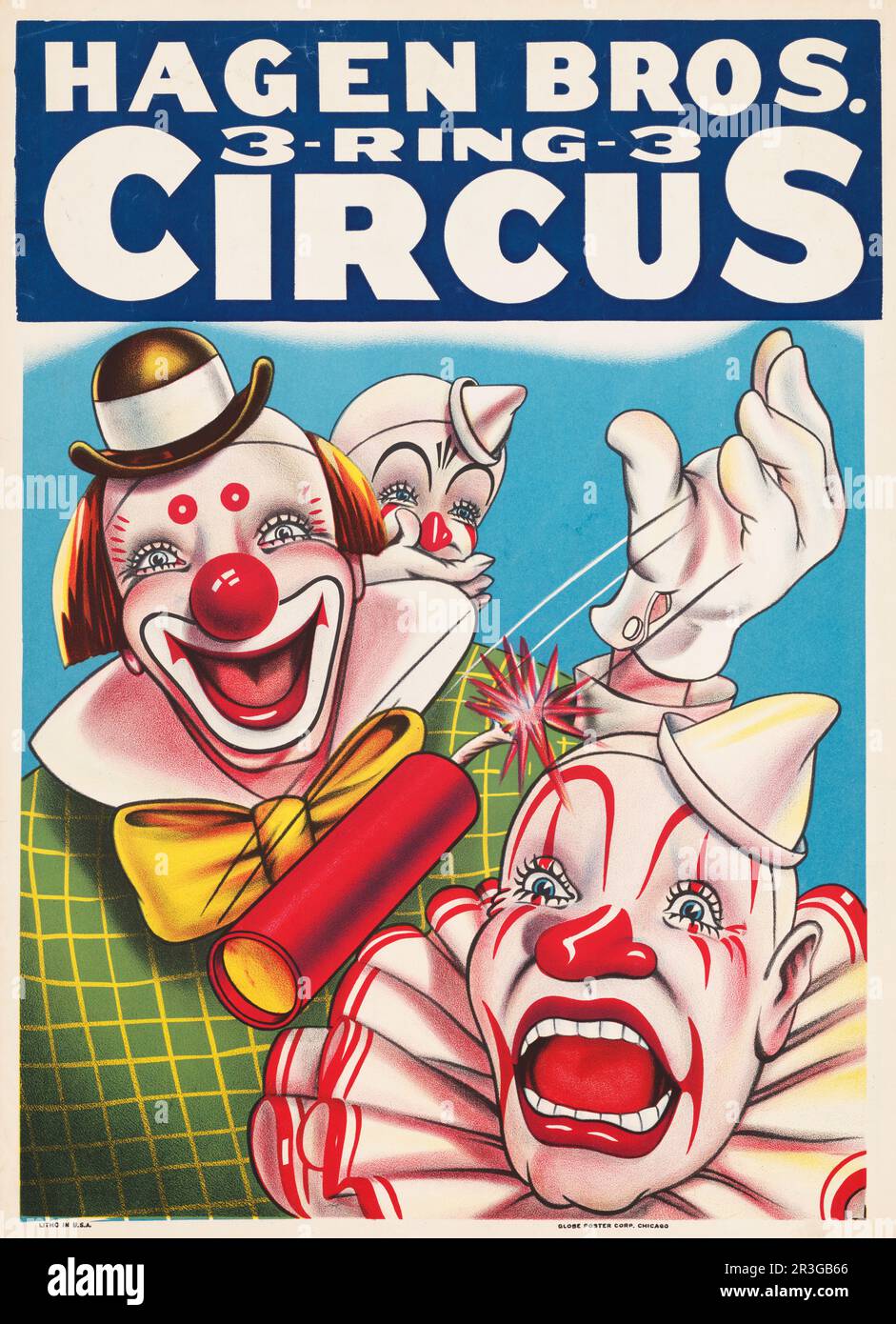 Vintage Hagen Brothers circus poster showing clown faces and fire cracker. Stock Photo