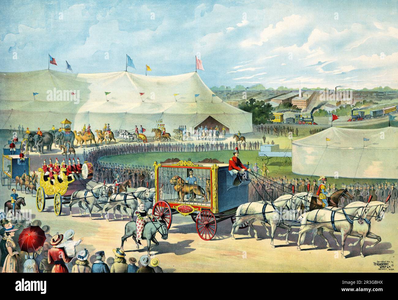 Vintage graphic print of a parade with lion in cage on wagon and circus tent in background, circa 1891. Stock Photo