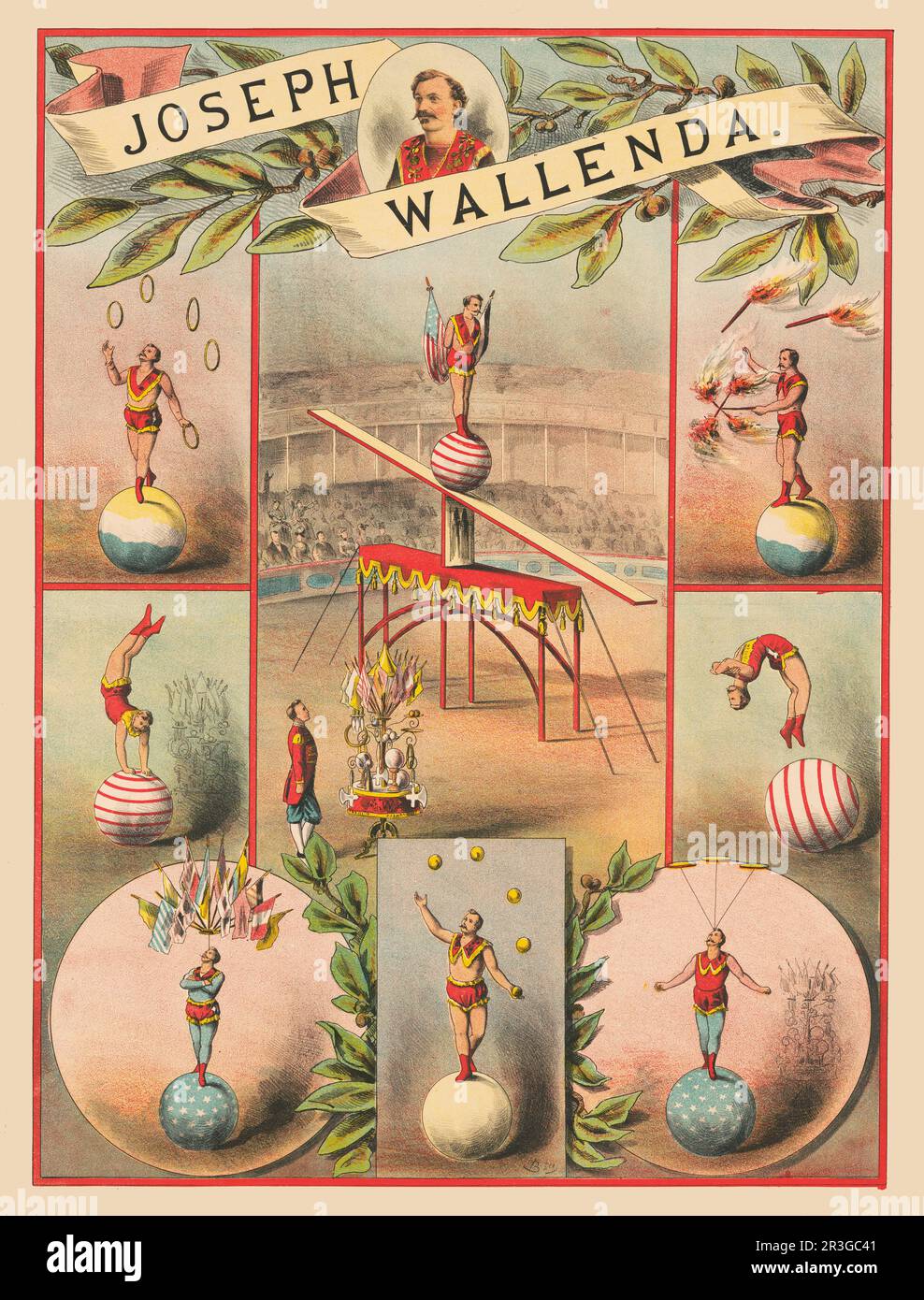 Vintage circus poster showing scenes of acrobatics, circa 1884. Stock Photo