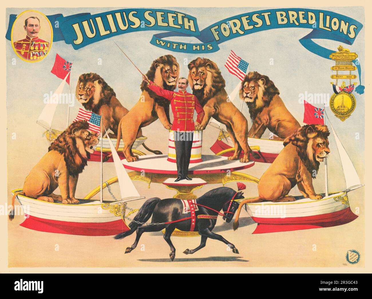 Vintage circus poster showing Julius Seeth with his forest bred lions ...