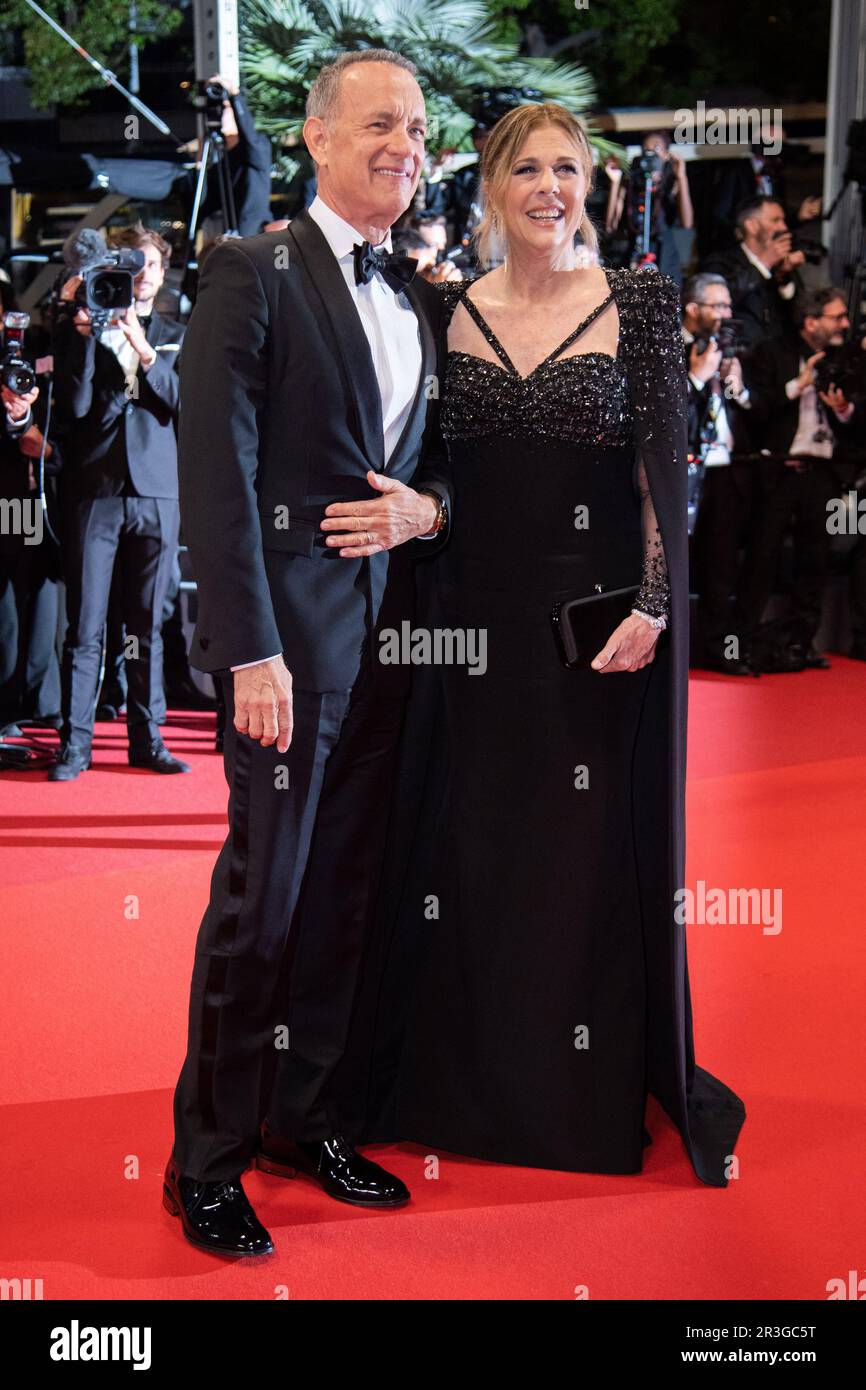 Cannes, France. 23rd May, 2023. Rita Wilson and Tom Hanks coming out(02)