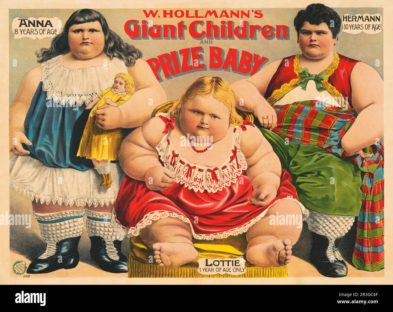 Vintage circus poster showing W. Hollmann's giant children and prize baby. Stock Photo