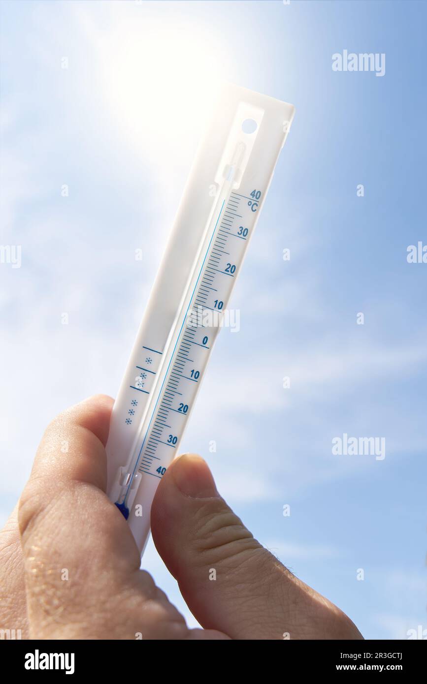 Thermometer and heat wave with sunshine in Europe in summer Stock Photo