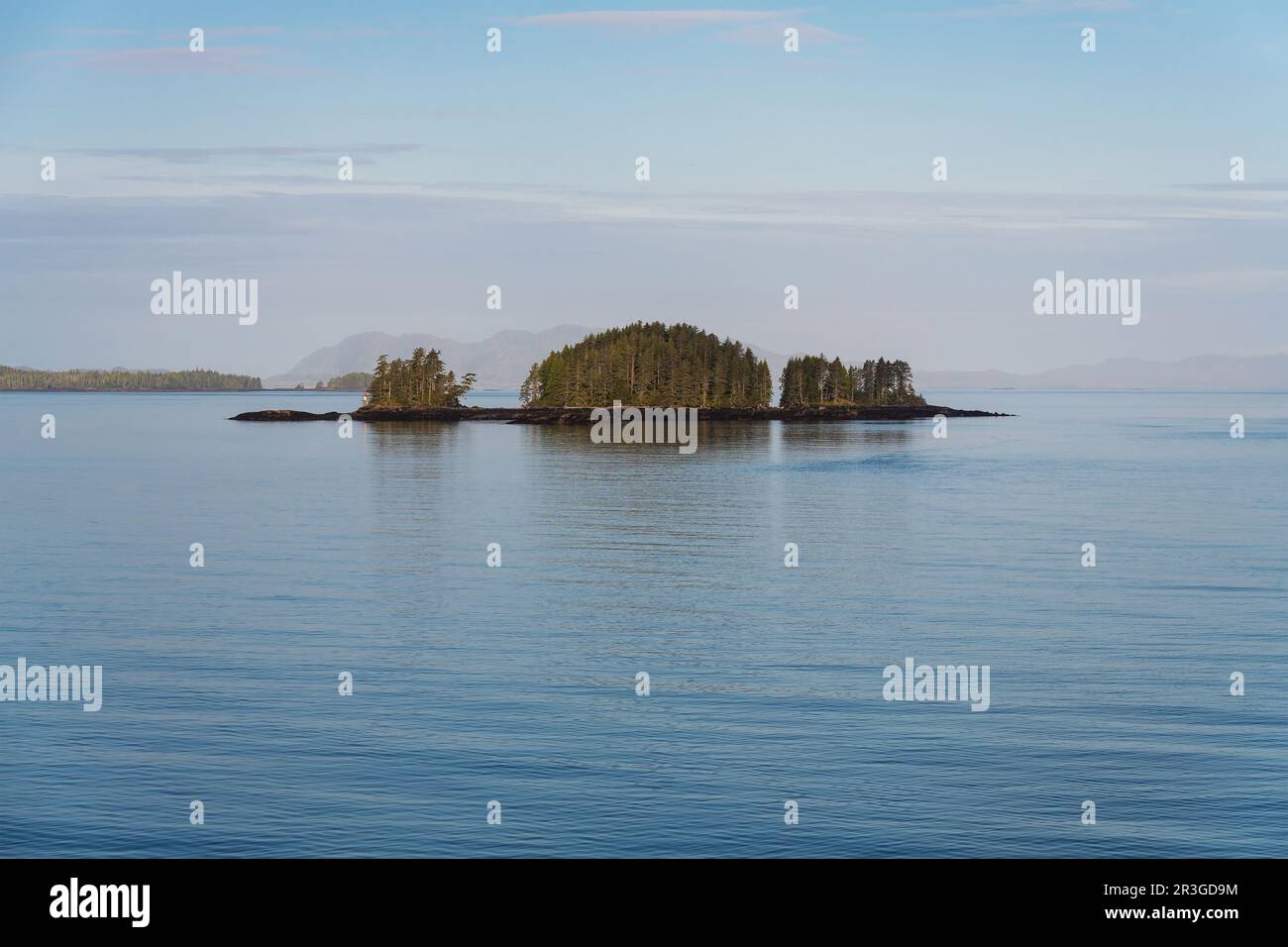 Lost islands at sunrise along Inside Passage Cruise, British Columbia, Canada. Stock Photo