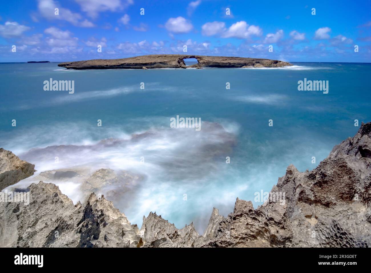 Laie sea arch and rocky cliff beach in oahu hawaii Stock Photo