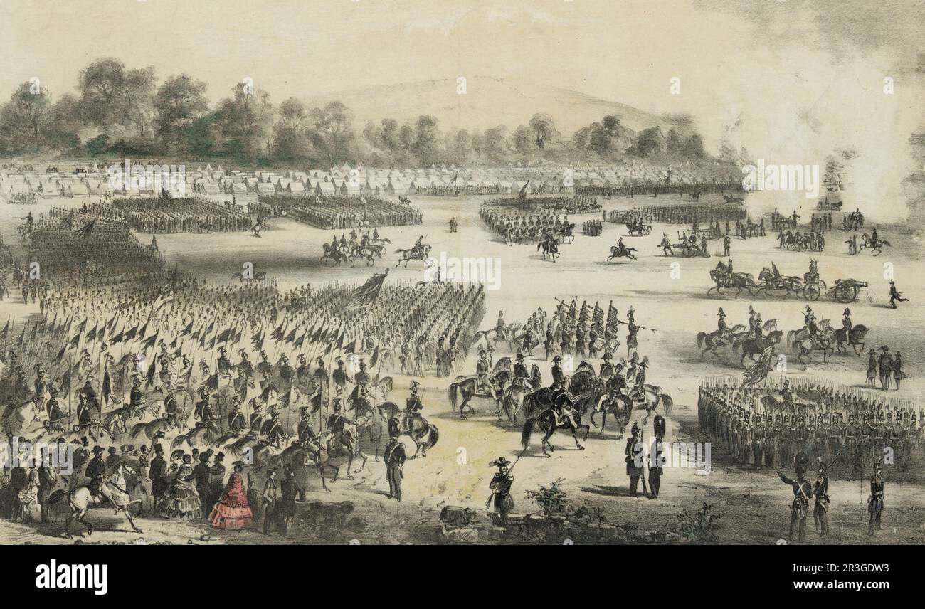Depiction of the general muster of the Massachusetts Militia on September 7-9, 1859 in Concord, Massaschusetts. Stock Photo