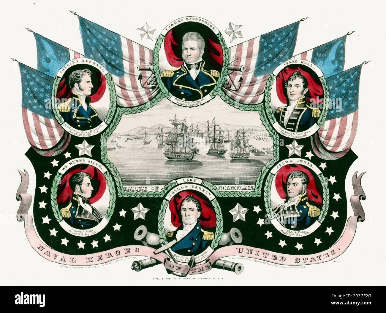 Portraits of War of 1812 American naval officers surrounding a vignette of the Battle of Lake Champlain. Stock Photo