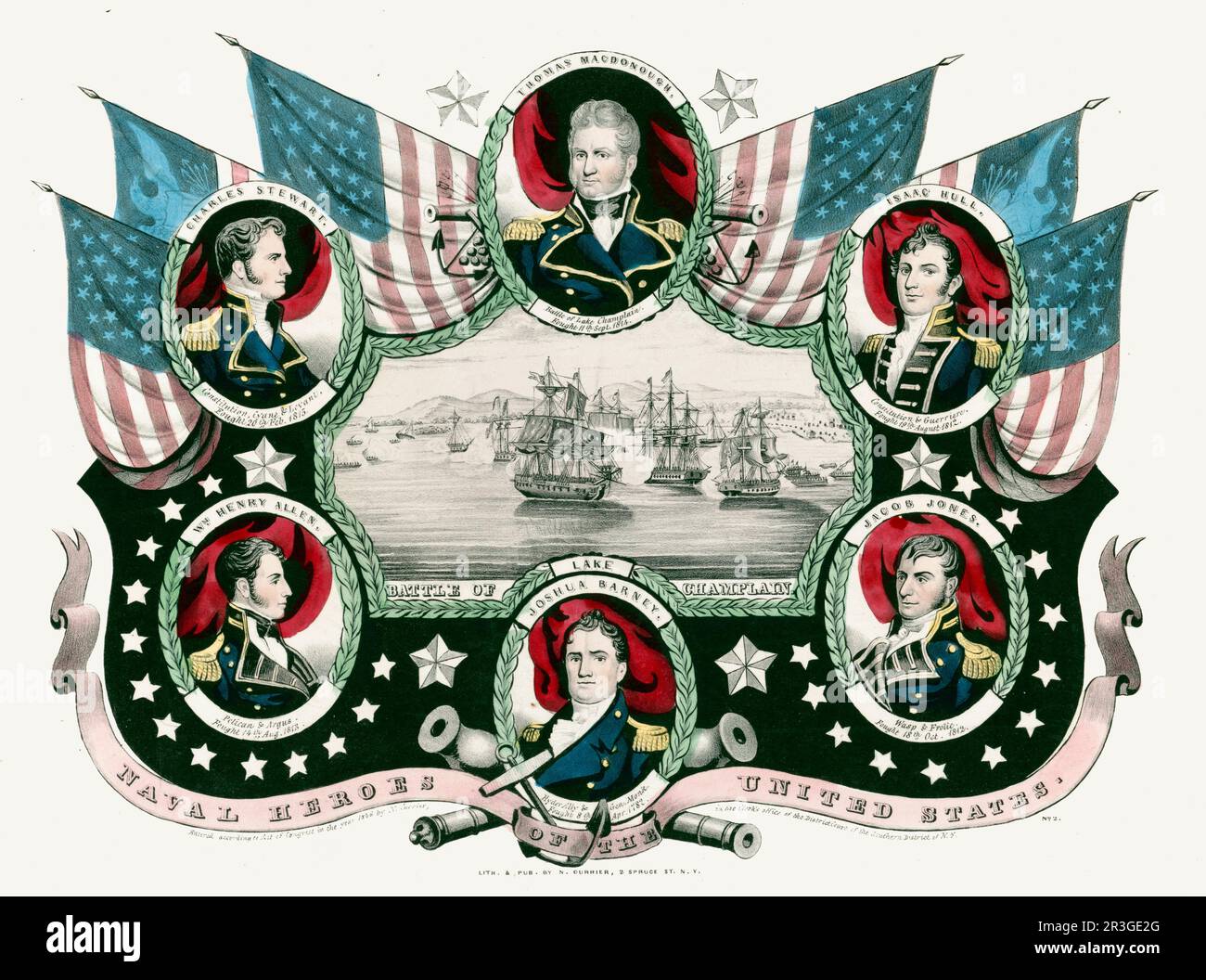 War Of 1812 Flag - Portraits Of War Of 1812 American Naval Officers Surrounding A Vignette Of The Battle Of Lake Champlain 2R3GE2G