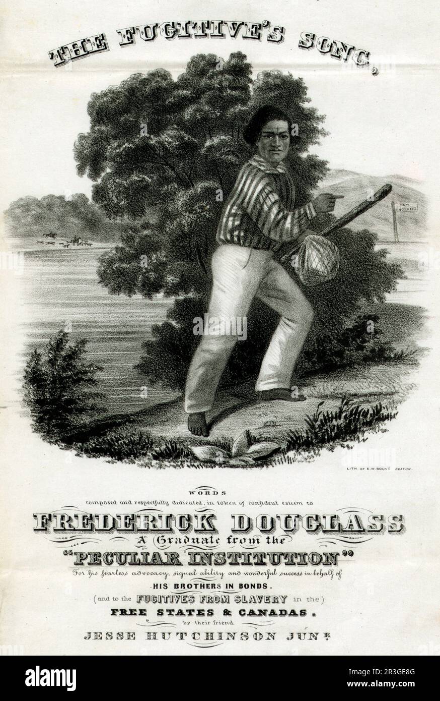 A sheet music cover showing black abolitionist Frederick Douglass as a runaway slave. Stock Photo