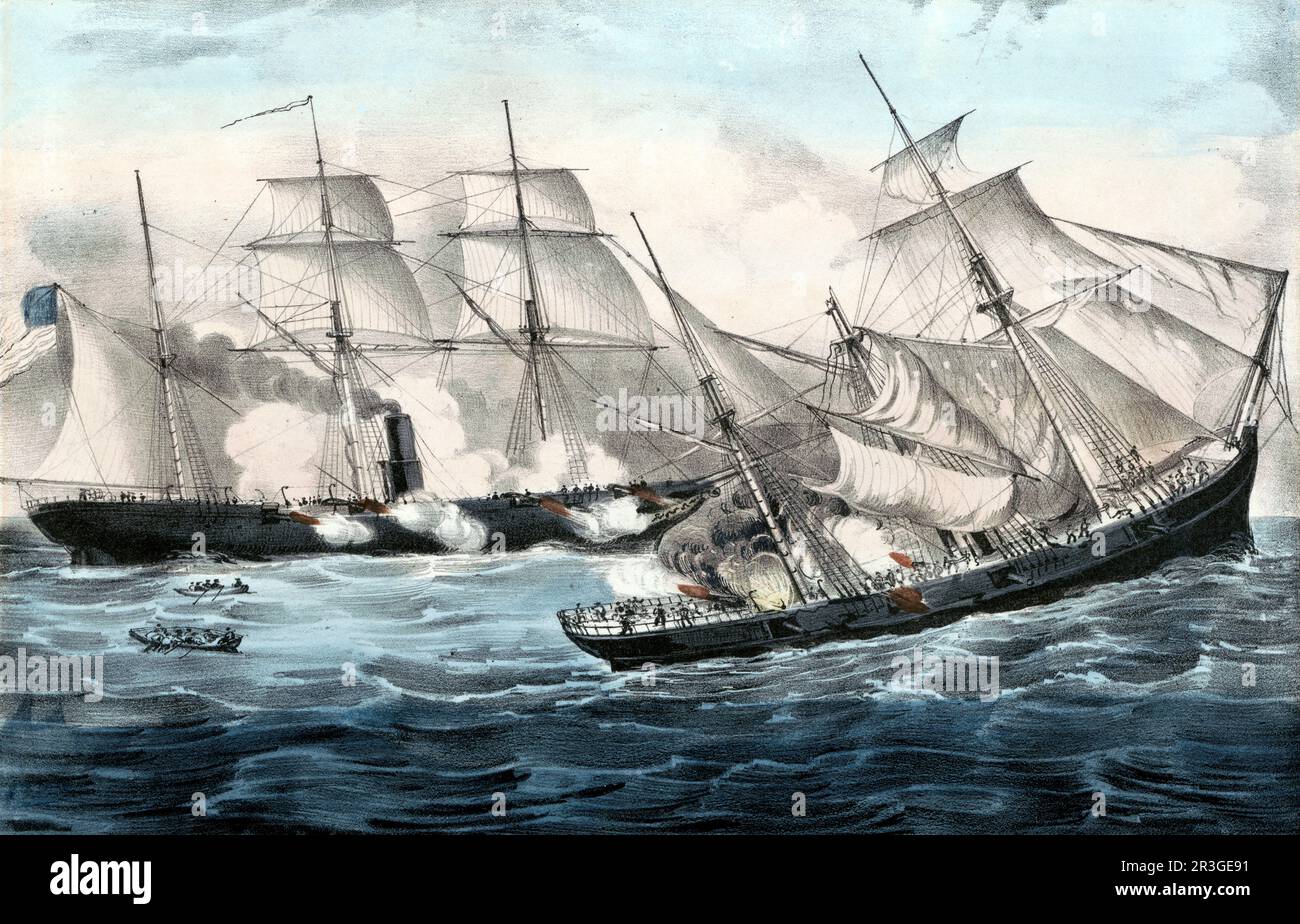 June 19, 1864 - The U.S. Navy sloop of war USS Kearsarge sinking CSS Alabama off Cherbourg France. Stock Photo