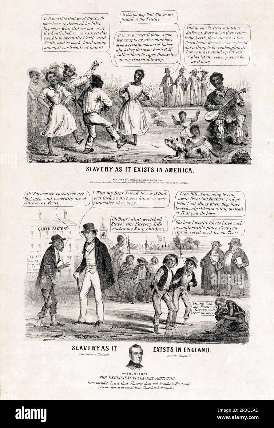 Slavery as it exists in America compared to slavery as it exists in England. Stock Photo