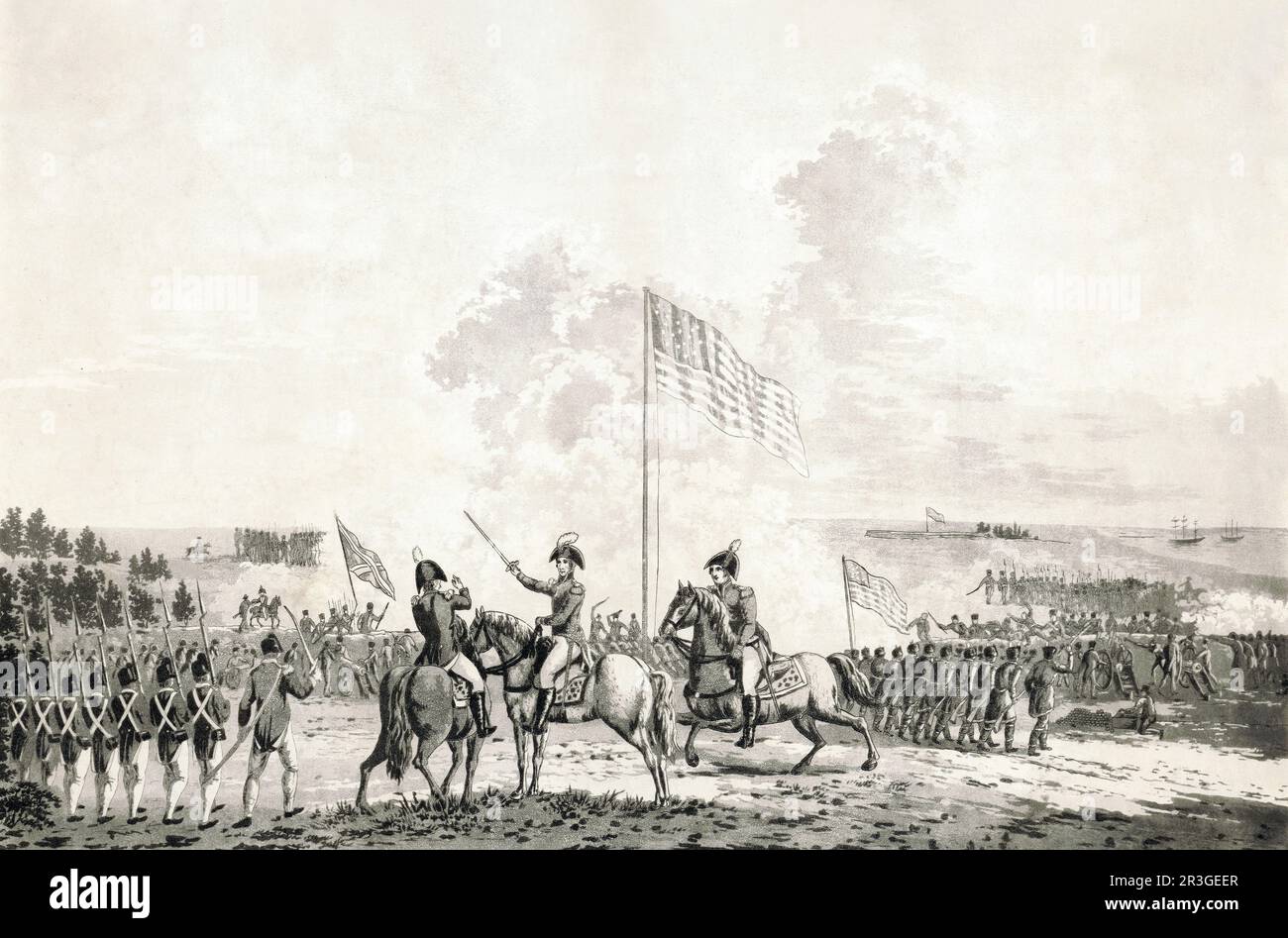 January 8, 1815 - The Battle of New Orleans showing General Andrew Jackson and officers as they confer on horseback beneath the American flag. Stock Photo