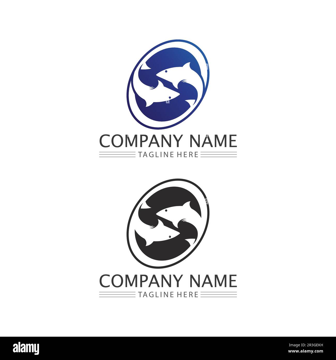 fish icons showing aquatic and animals logo tails and gills Stock