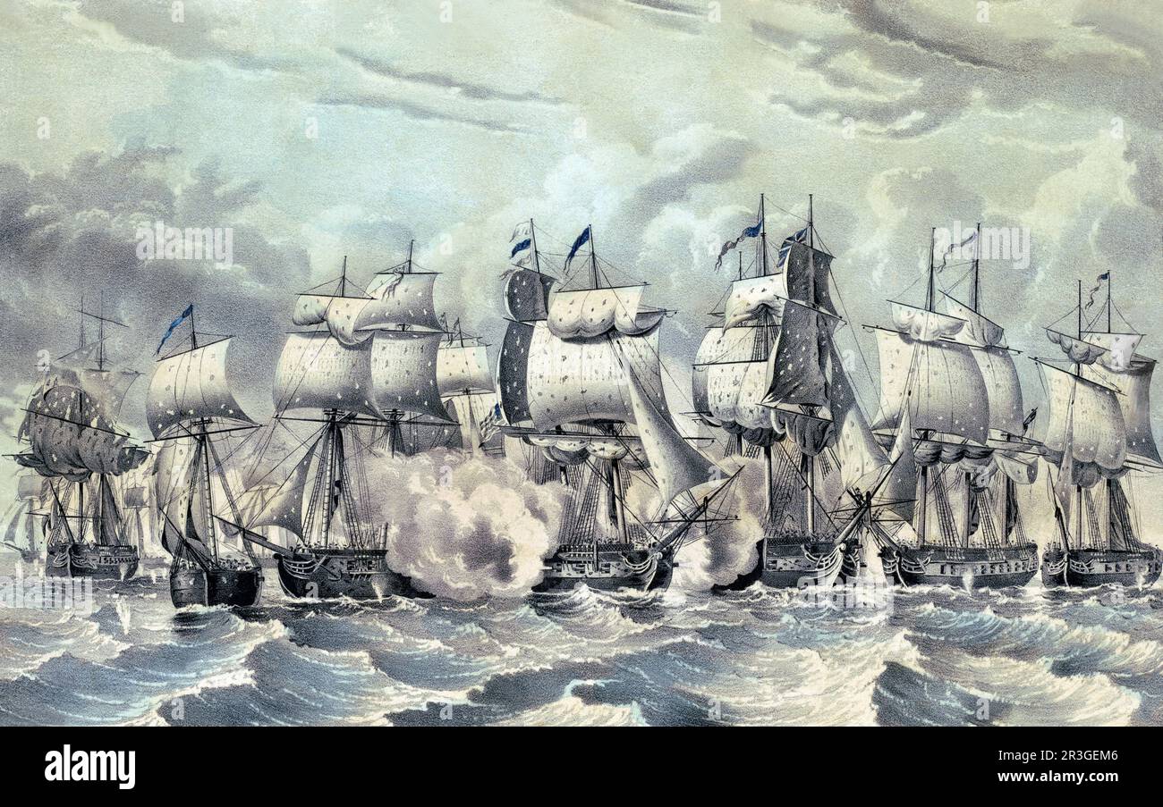 September 10, 1813 - The American ships Lawrence and Niagara fighting British ships during the Battle of Lake Erie. Stock Photo
