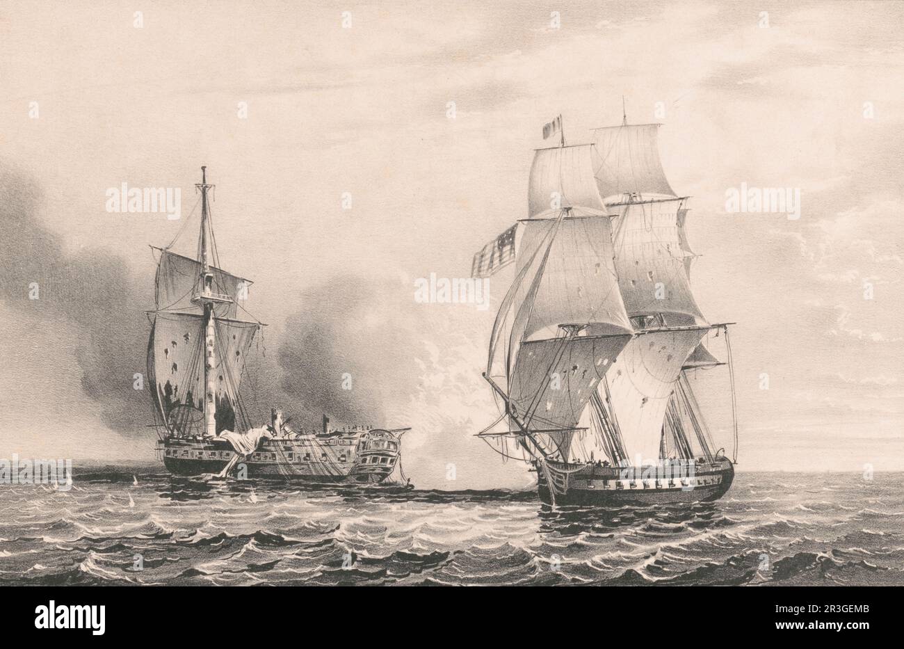 The capture of HBM. frigate HMS Java by the U.S. frigate USS Constitution during the War of 1812. Stock Photo
