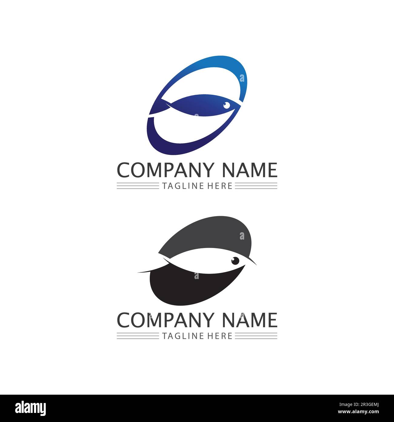 fish icons showing aquatic and animals logo tails and gills Stock