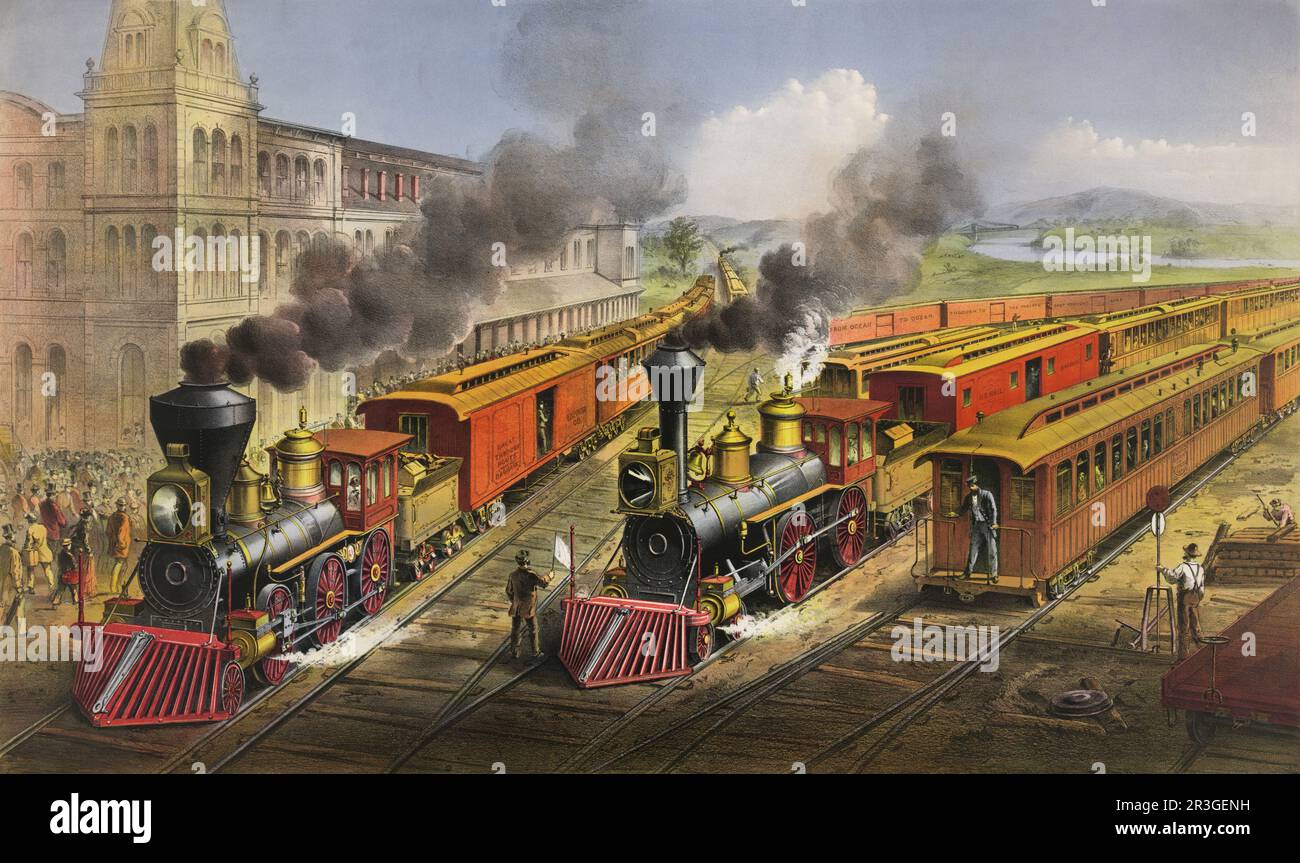 19th century American railroad scene. Lightning express trains leaving the junction. Stock Photo