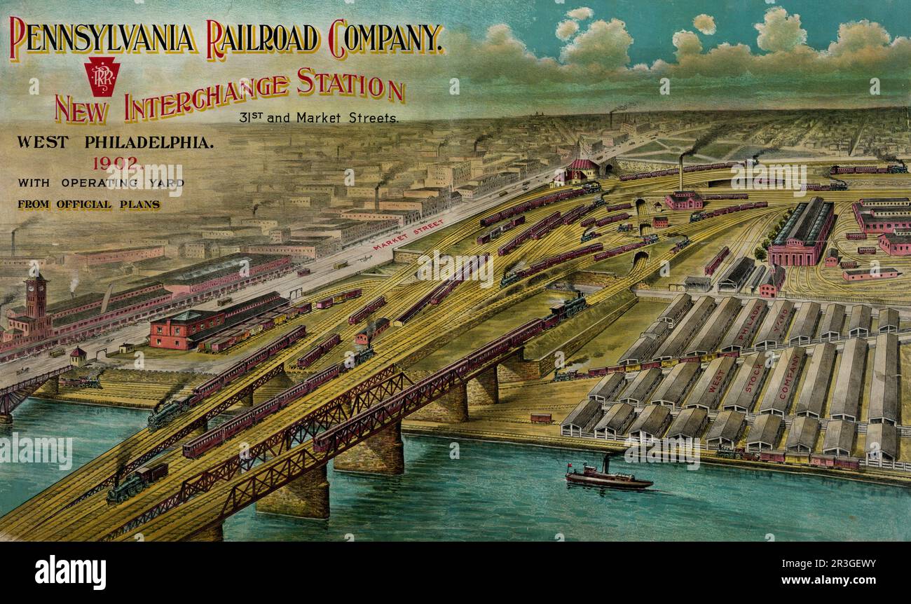 Graphic print showing bird's-eye view of new interchange station with railroad yard in West Philadelphia, 1902. Stock Photo