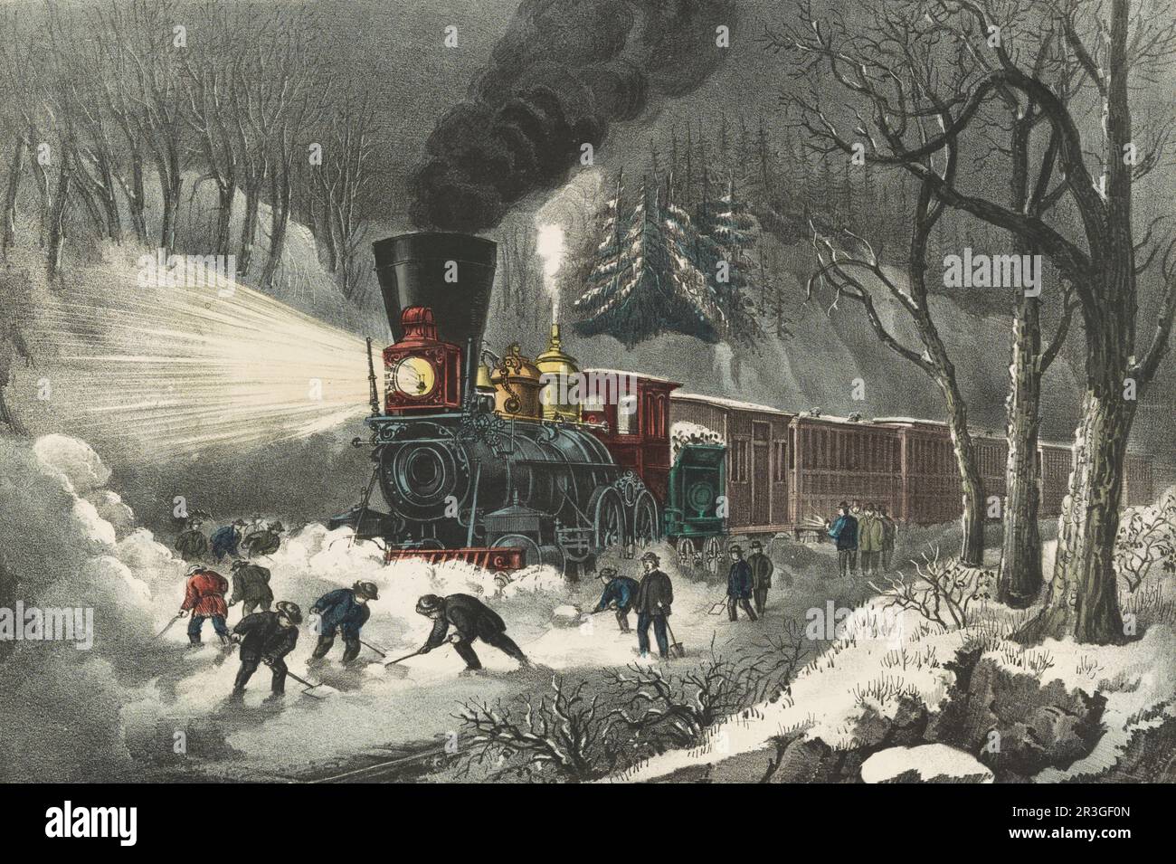 A passenger train stopped on the tracks while men shovel snow off tracks ahead, circa 1871. Stock Photo
