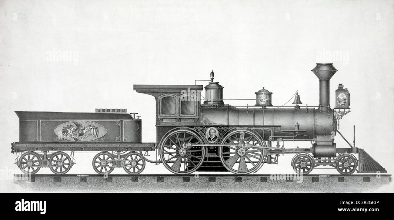 Railroad engine, lithograph, circa 1874 Stock Photo - Alamy