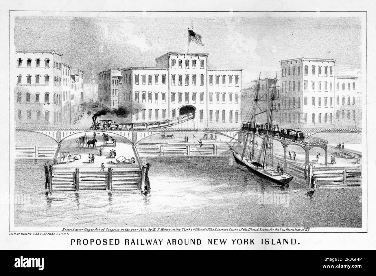 Proposed railway around New York Island, circa 1864. Stock Photo