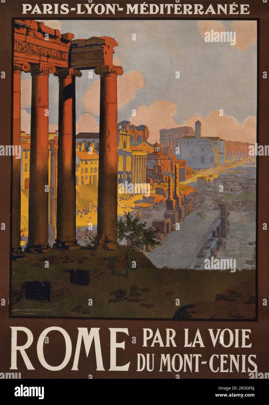Vintage travel poster showing the Roman Forum at dawn. Stock Photo