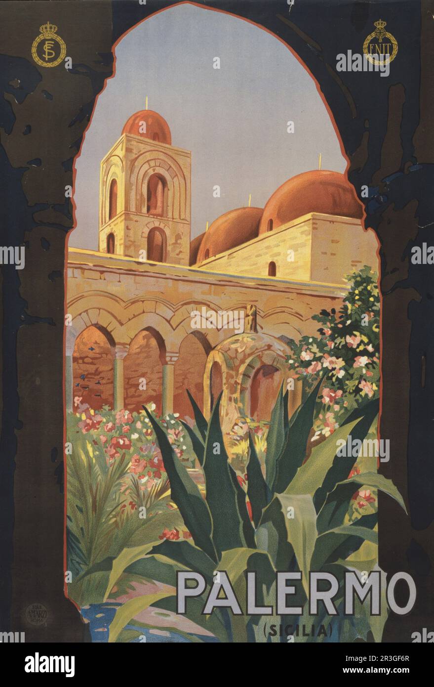 Vintage travel poster showing a garden courtyard with arcade and tower, Palermo, Italy, circa 1920. Stock Photo