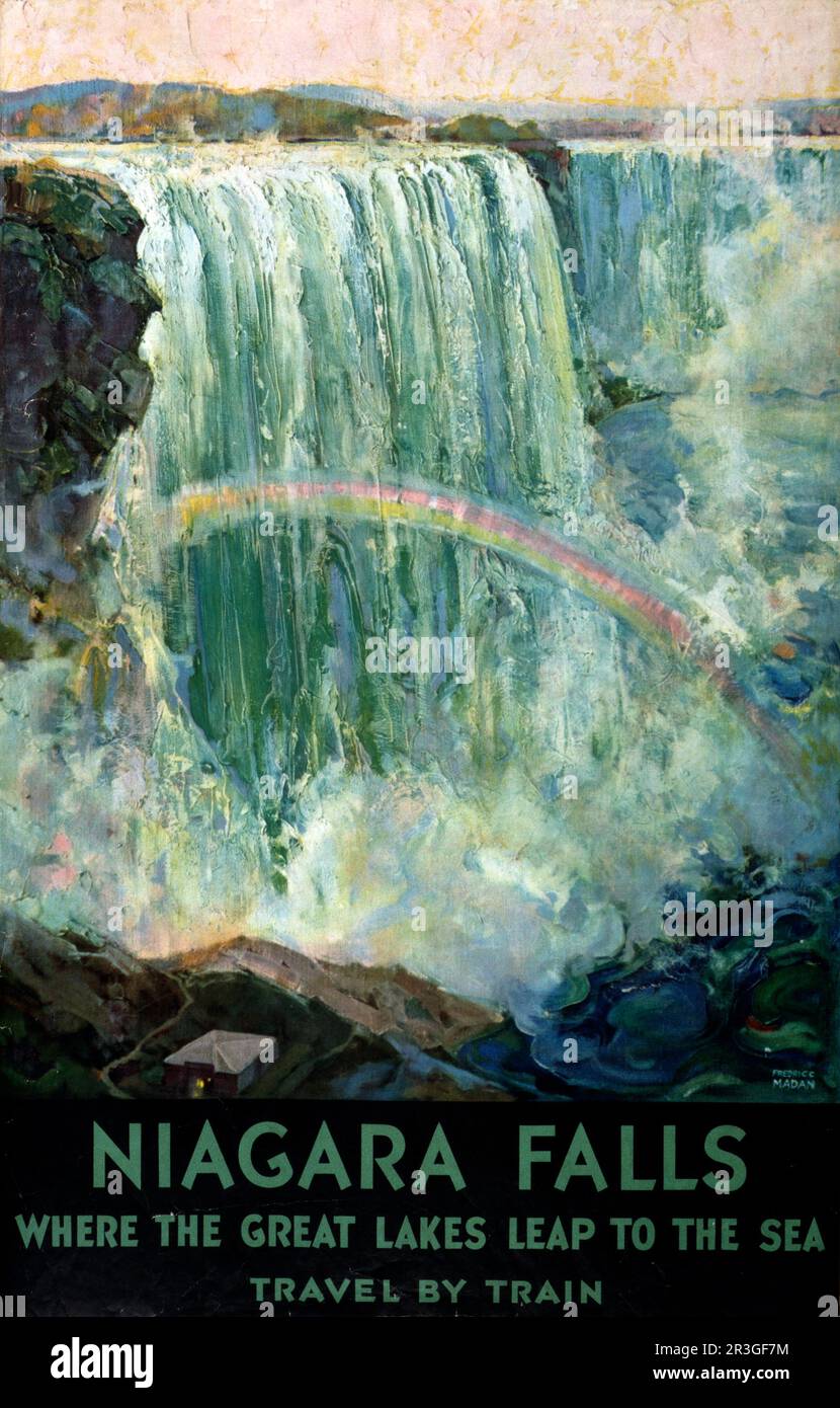 Vintage travel poster showing Niagara Falls with a rainbow in the mist, circa 1925. Stock Photo