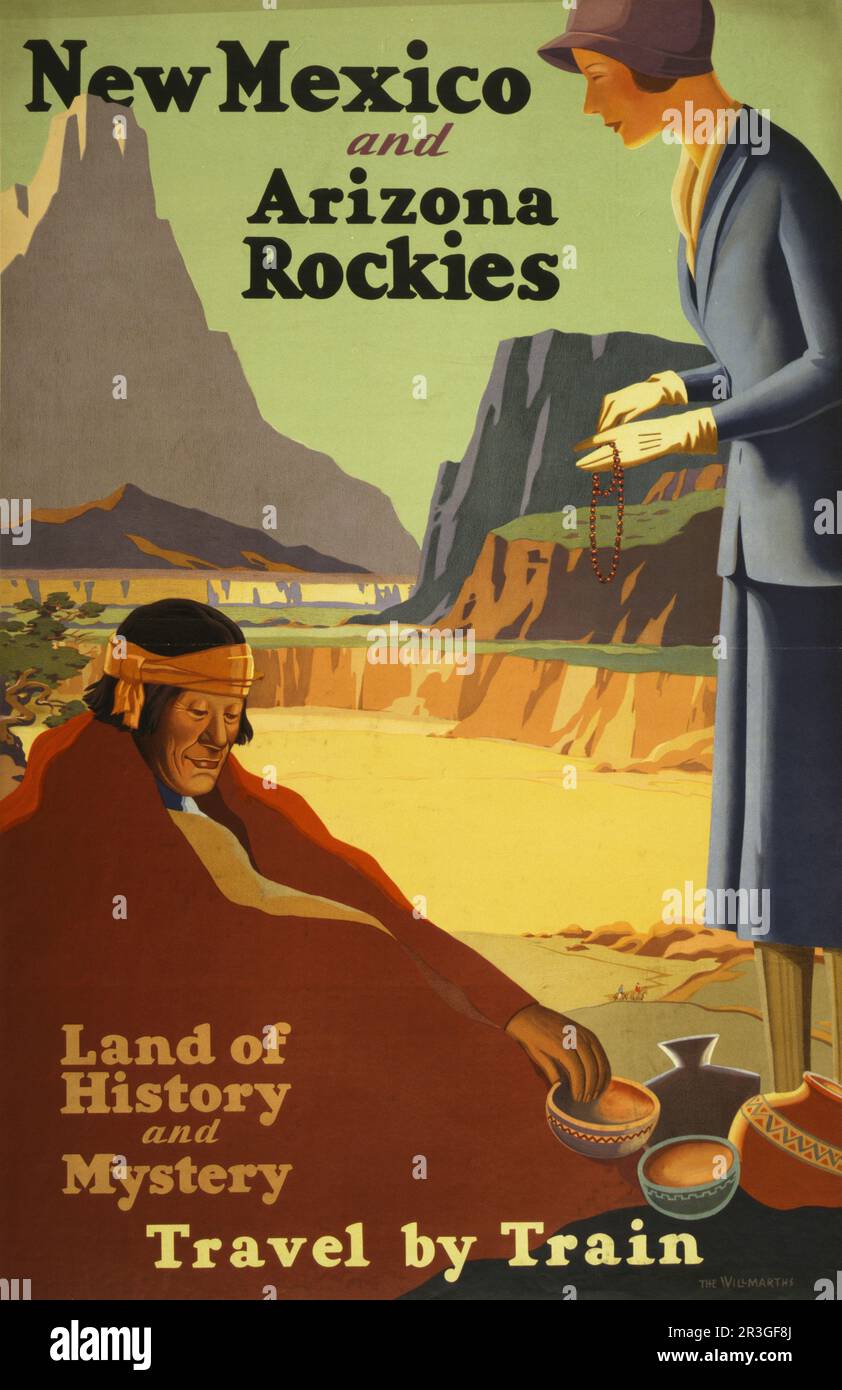 Vintage travel poster showing a woman purchasing beads and pottery from a Native American man, circa 1920. Stock Photo