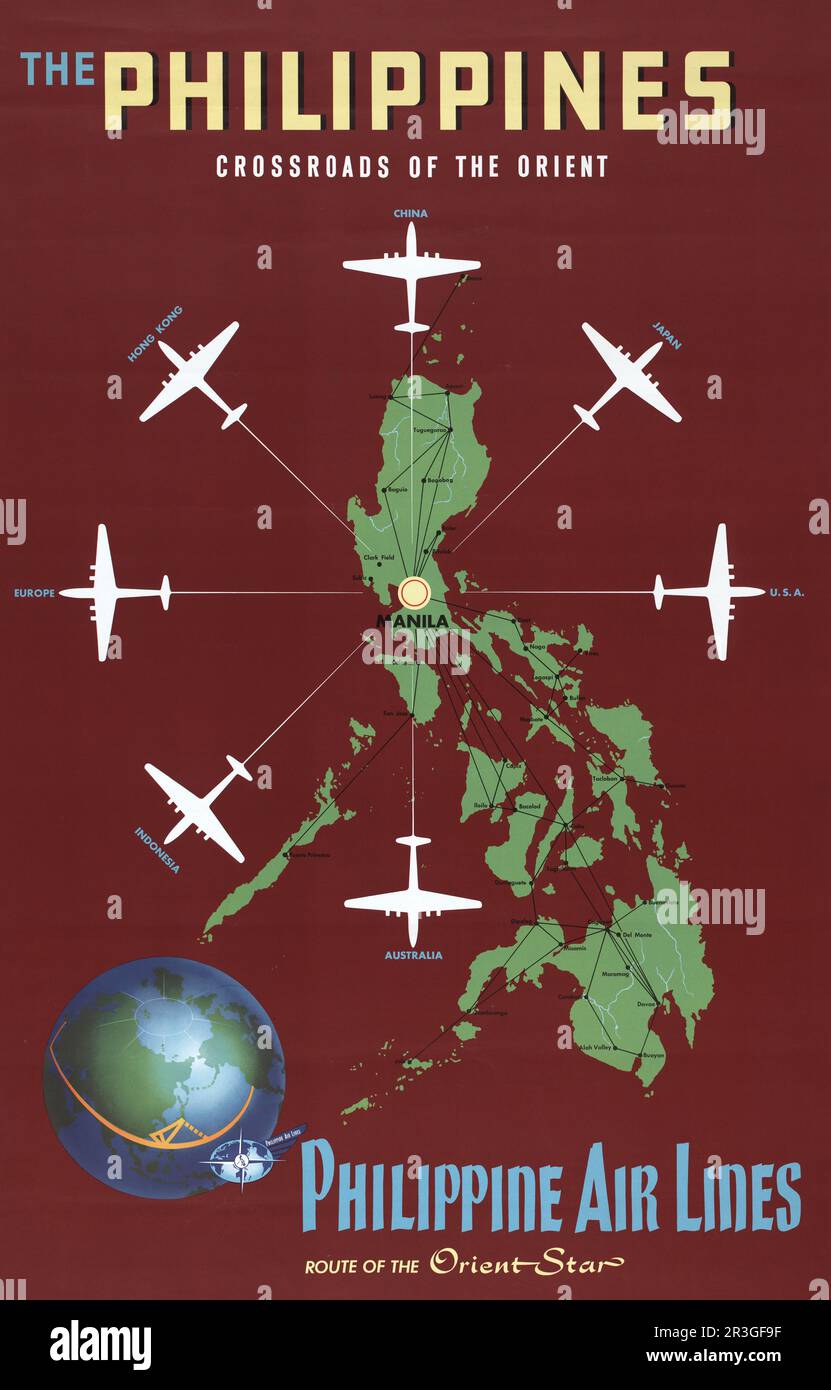 Vintage travel poster for Philippine Air Lines, showing airplanes departing from Manila, circa 1930. Stock Photo