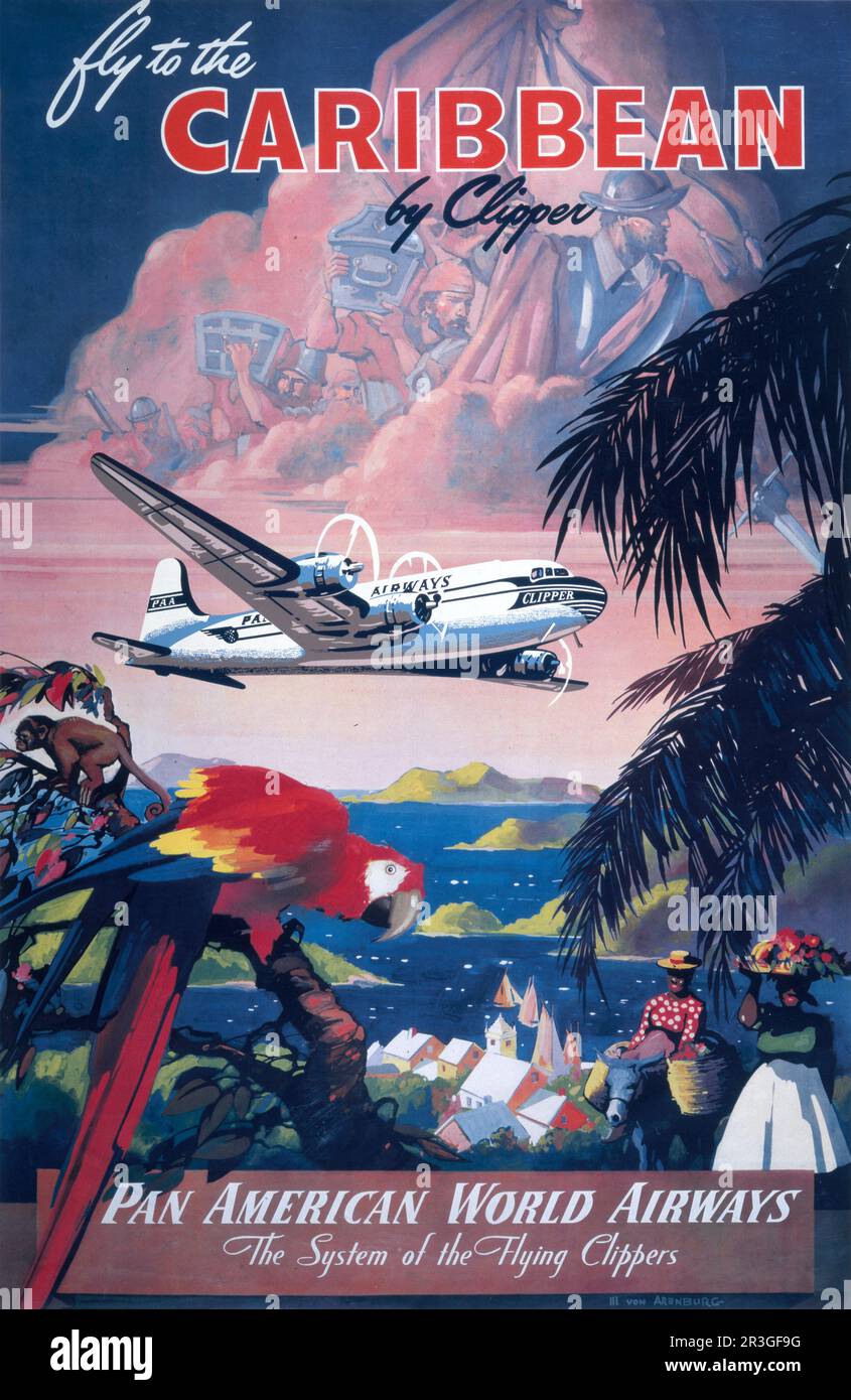Vintage 1935 travel poster shows large Clipper seaplane flying over the Caribbean. Stock Photo