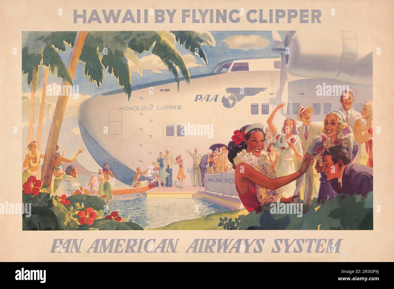 Hawaii by flying clipper, Pan American Airways System, circa 1938. Stock Photo