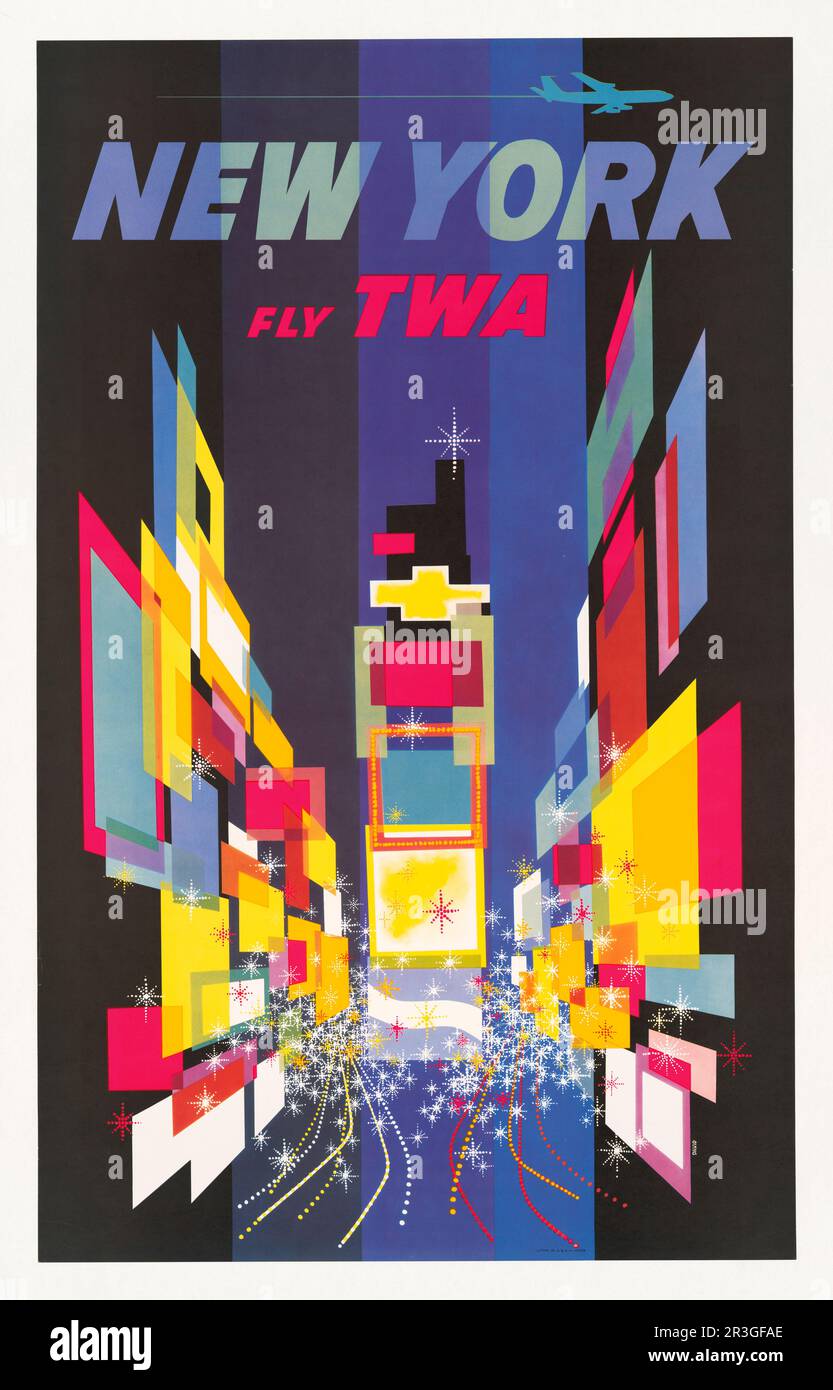 Vintage travel poster, Fly TWA, New York, shows an abstract interpretation of Times Square in New York, circa 1956. Stock Photo
