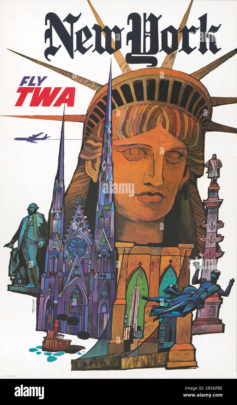 Vintage travel poster, Fly TWA, New York, circa 1970. Stock Photo