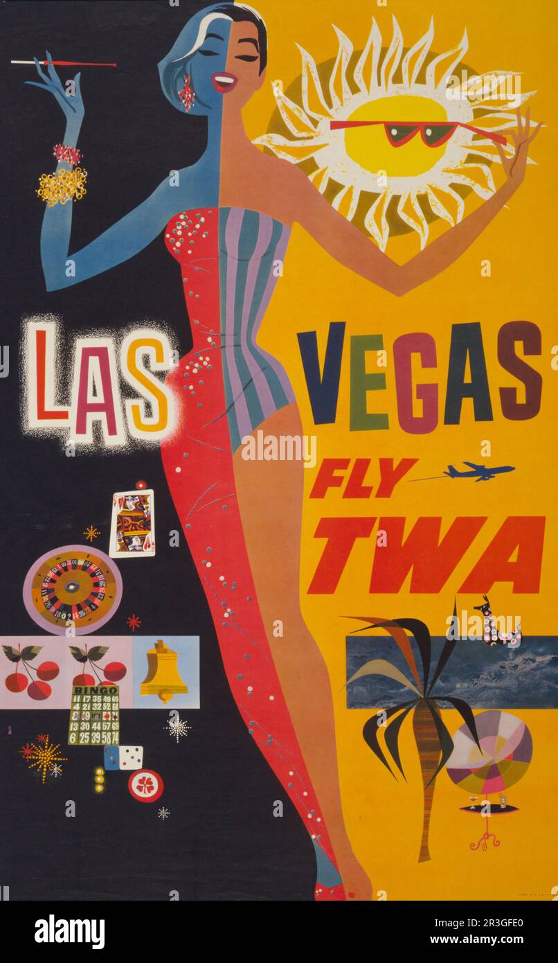 Vintage travel poster for flying TWA to Las Vegas, showing graphics of gambling, circa 1960. Stock Photo