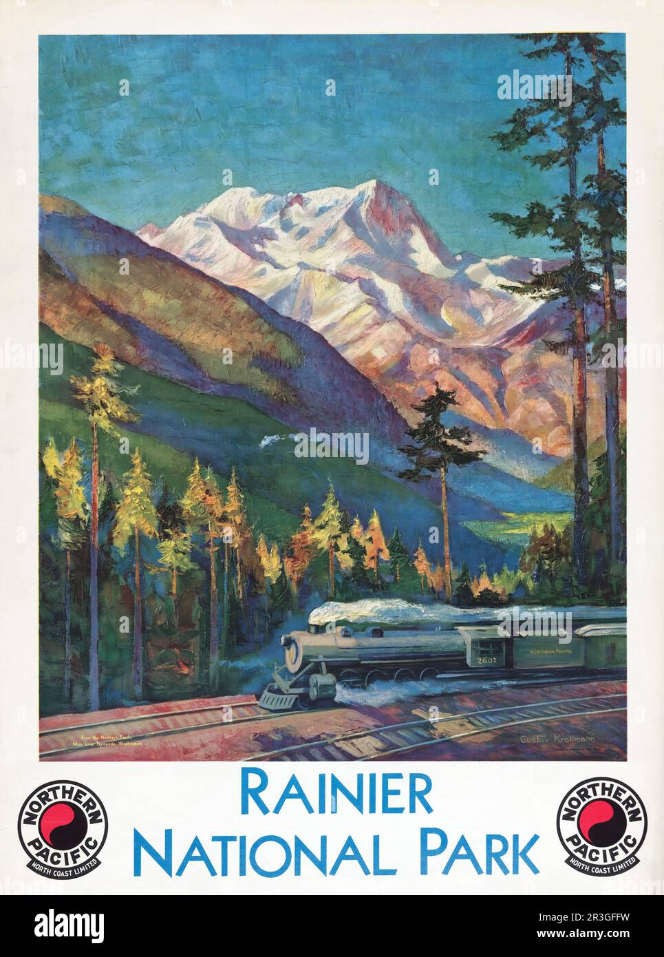 Vintage travel poster for Rainier National Park, Northern Pacific North Coast Limited, circa 1920. Stock Photo