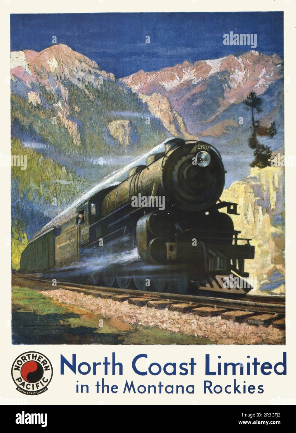 Vintage travel poster for North Coast Limited in the Montana Rockies, showing a steam engine in Bozeman Pass. Stock Photo