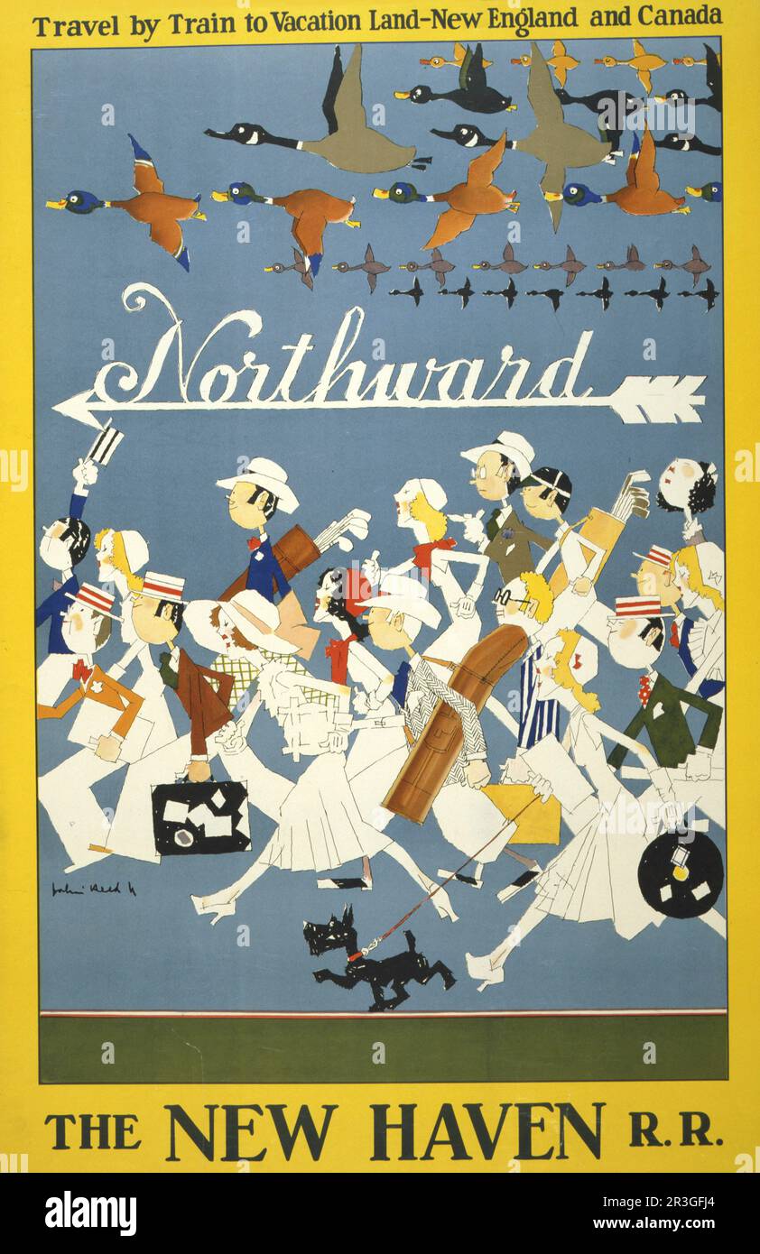 Vintage travel poster for the New Haven R.R., showing a crowd of travelers and geese heading north, circa 1925. Stock Photo