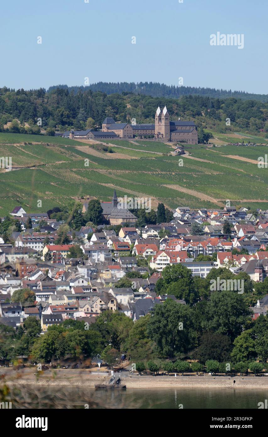 Ruedesheim on the Rhine and St. Hildegard Abbey Stock Photo