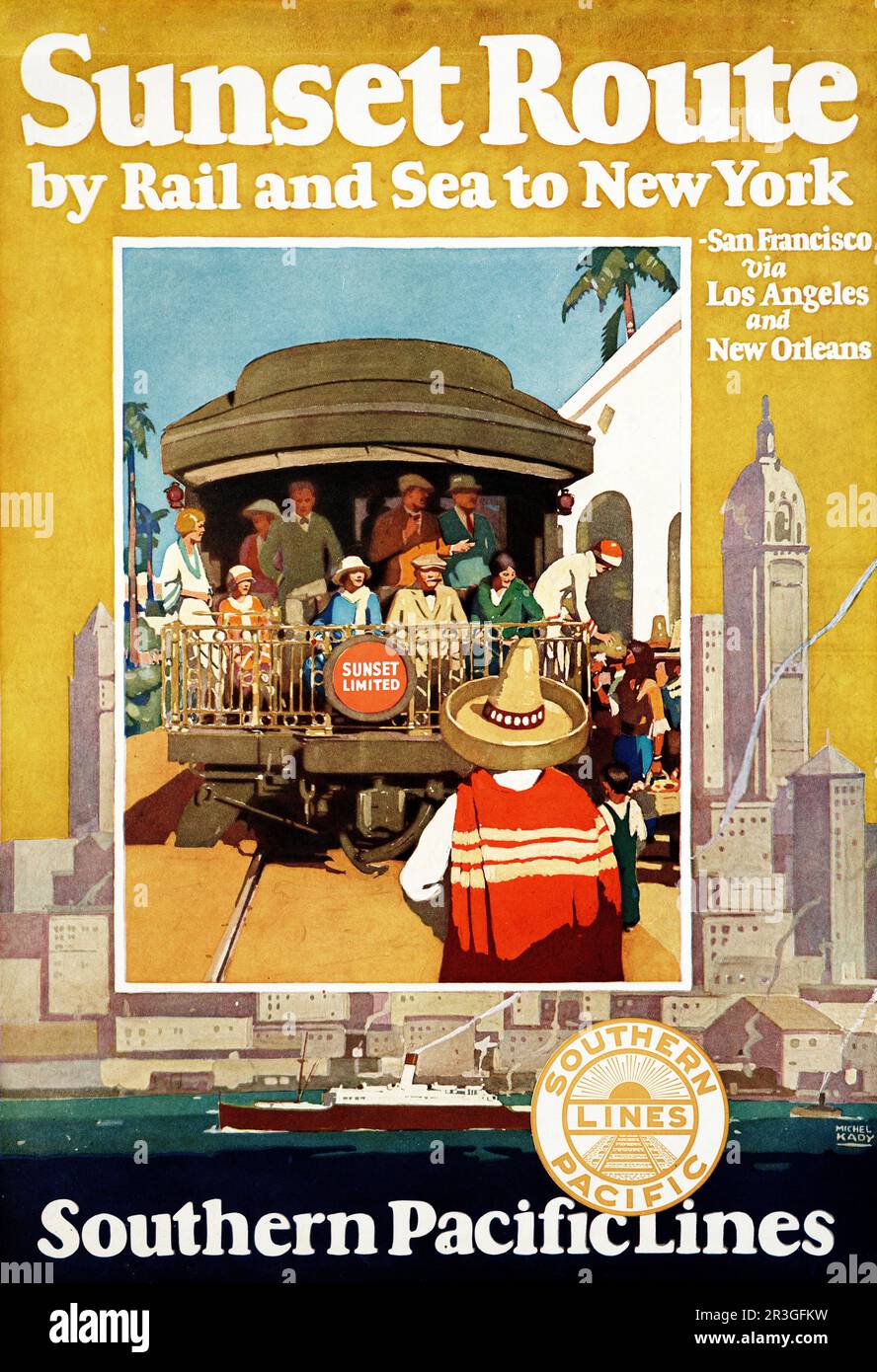 Vintage travel poster for the Sunset route by rail and sea to New York Southern Pacific Lines, circa 1930, Stock Photo