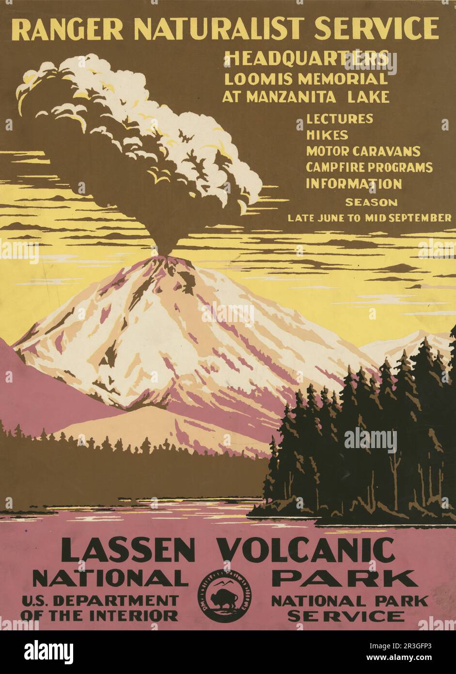 Vintage travel poster for Lassen Volcanic National Park, Ranger Naturalist Service, circa 1938. Stock Photo